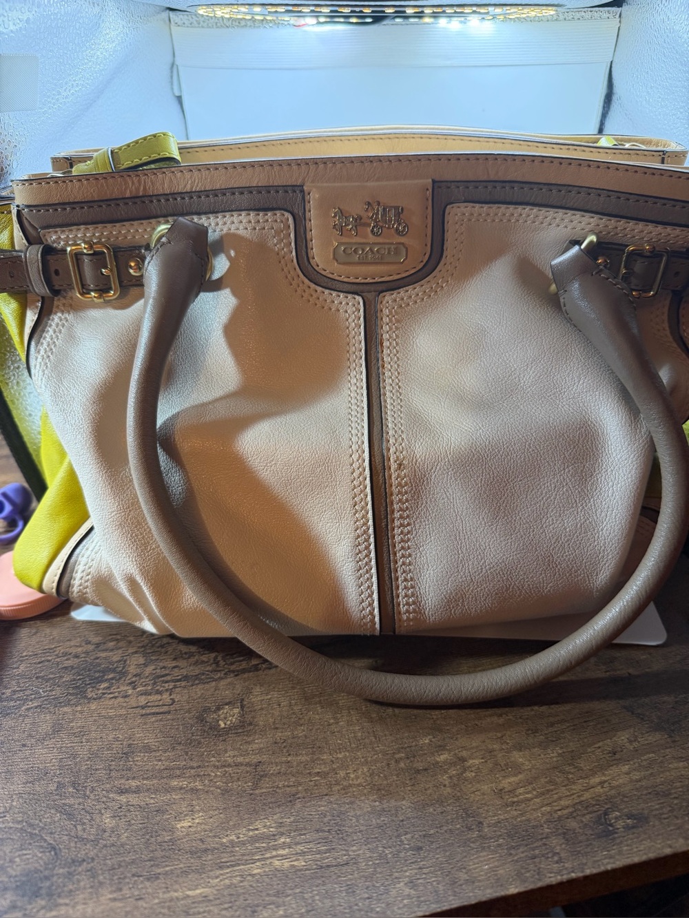 Coach Pebbled Leather Satchel in Beige and Yellow